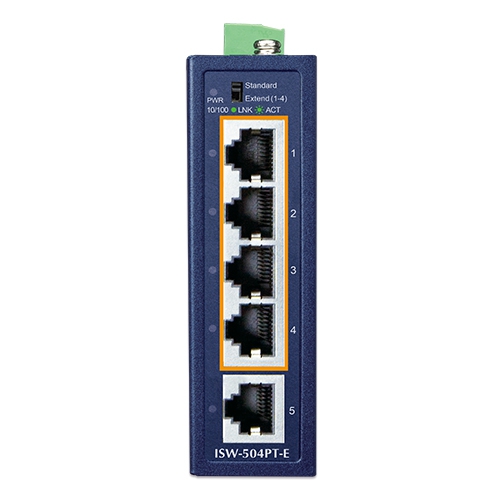 Compact Industrial 4-Port 10/100TX 802.3at PoE + 1-Port 10/100TX Ethernet Switch 2 box ISW 504PT E 01