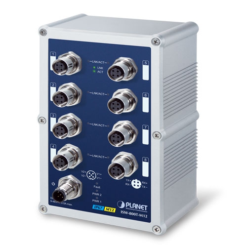 Industrial IP67 Rated 8-Port 10/100Mbps M12 Fast Ethernet Switch with Wide Operating Temperature 1 box ISW 800T M12v1.1