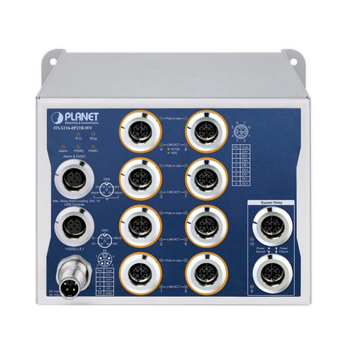 Industrial L2+ 8-Port 10/100/1000T 802.3at PoE M12 + 2-Port 10/100/1000T M12 Bypass Managed Ethernet Switch 2 box ITS 5216 8P2TB WV 01