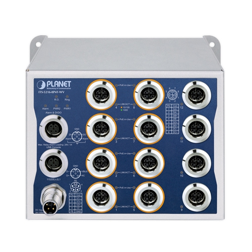 Industrial L2+ 8-Port 10/100/1000T 802.3at PoE M12 + 4-Port 10/100/1000T M12 Managed Ethernet Switch 2 box ITS 5216 8P4T WV 01