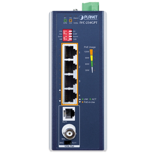 Industrial 4-Port 10/100/1000T 802.3at PoE+ to VDSL2 Extender 2 box IVC 234GPT 01
