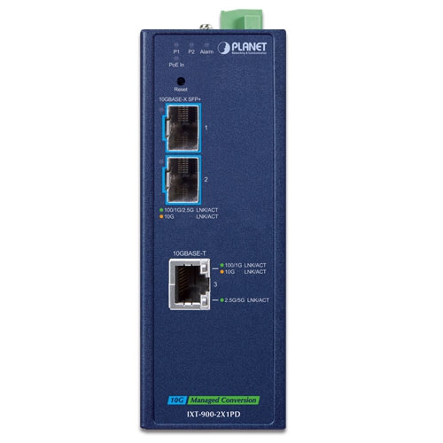 Industrial 2-Port 10GBASE-X SFP+ + 1-Port 10GBASE-T PoE PD Managed Media Converter 2 box IXT 900 2X1PD 01