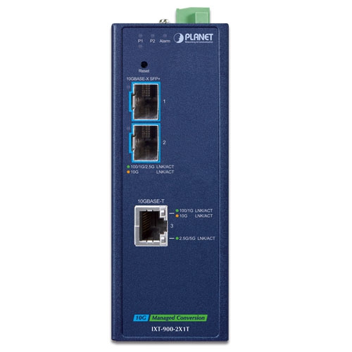 Industrial 2-Port 10GBASE-X SFP+ + 1-Port 10GBASE-T Managed Media Converter 2 box IXT 900 2X1T 01