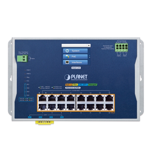 Industrial L2+ 16-Port 10/100/1000T 802.3bt PoE + 4-Port 10G SFP+ Wall-mount Managed Ethernet Switch with LCD Touch Screen 2 box WGS 5215 16UP4XV 01
