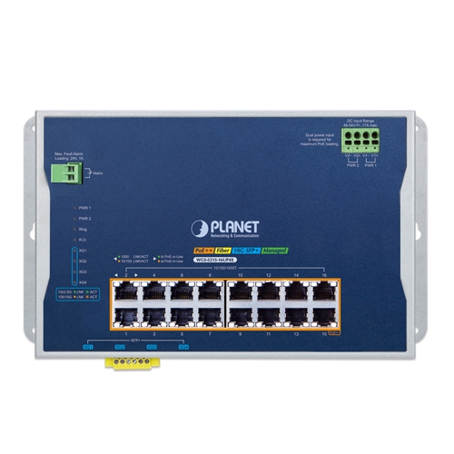 Industrial L2+ 16-Port 10/100/1000T 802.3bt PoE + 4-Port 10G SFP+ Wall-mount Managed Ethernet Switch 2 box WGS 5215 16UP4X 01
