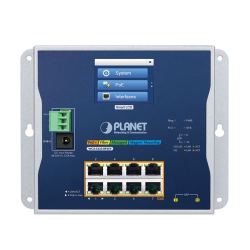Industrial L2+ 8-port 10/100/1000T 802.3at PoE + 2-port 1G/2.5G SFP Wall-mount Managed Switch with LCD Touch Screen 2 box WGS 5225 8P2SV v3 01