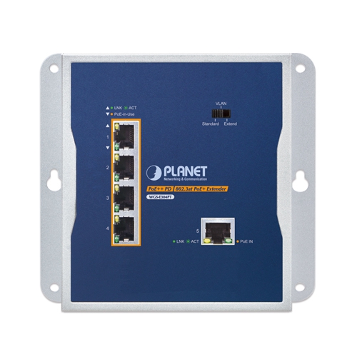 Industrial 1-Port 10/100/1000T 802.3bt PoE++ to 4-Port 802.3at PoE+ Wall-mounted Extender 2 box WGS E304PT 01