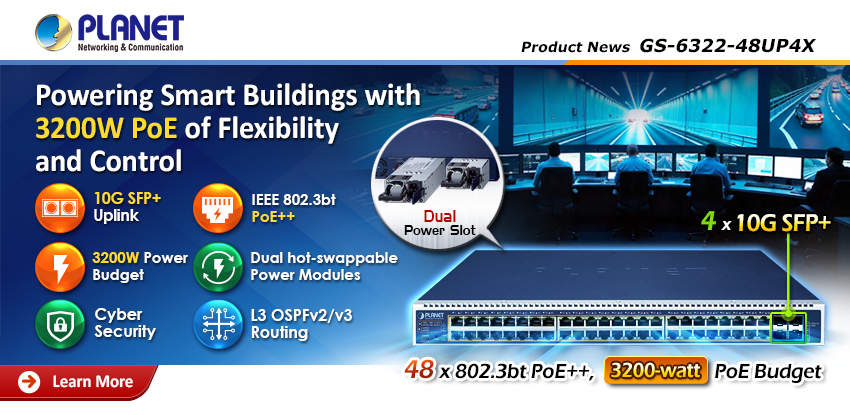 L3 48-Port 10/100/1000T 802.3bt PoE + 4-Port 10G SFP+ Managed Switch with dual modular power supply slots 9 edm2 GS 6322 48UP4X1