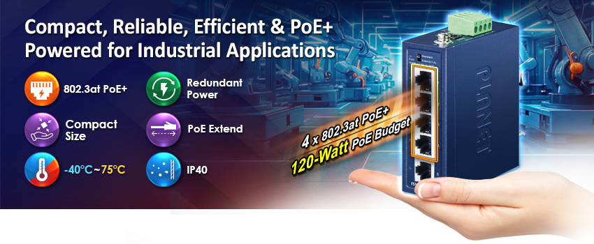 Compact Industrial 4-Port 10/100TX 802.3at PoE + 1-Port 10/100TX Ethernet Switch 4 PLANET ISW-504PT-E
