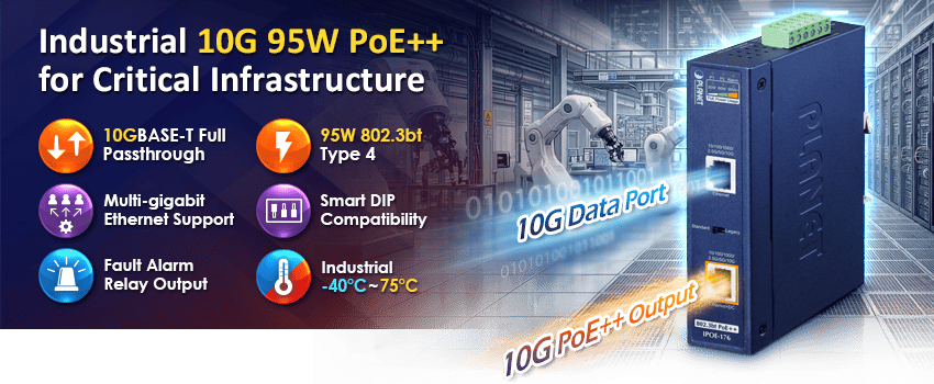 Industrial Single-Port 10Gbps 802.3bt PoE++ Injector 4 PLANET IPOE-176