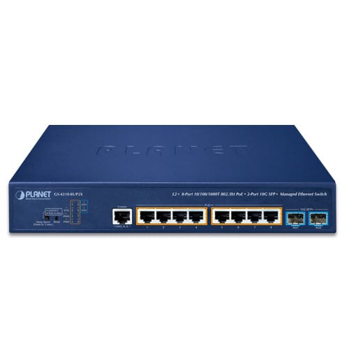 8-Port 10/100/1000T 802.3bt PoE + 2-Port 10G SFP+ Managed Ethernet Switch 2 box GS 4210 8UP2X 01
