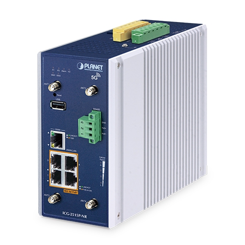 Industrial 5G NR Cellular Gateway with 4-Port 10/100/1000T PoE+ 2 box ICG 2515P NR 01