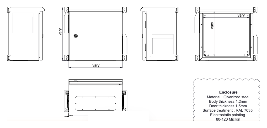 Wall-mount enclosure general views technical drawing