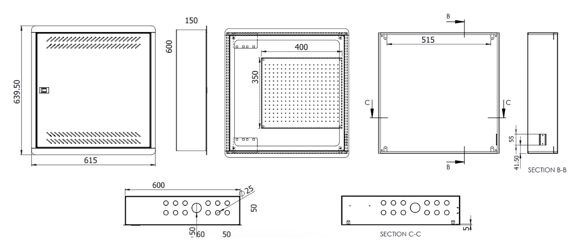 Wall-mount enclosure dimensional drawing with sections